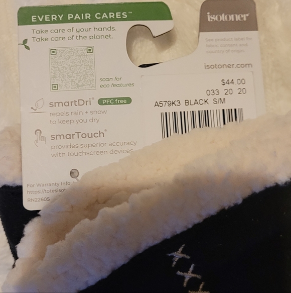 Isotoner Black Mittens, White X Stitching And Fleece Lining, S/M, SmartDri - Picture 2 of 9